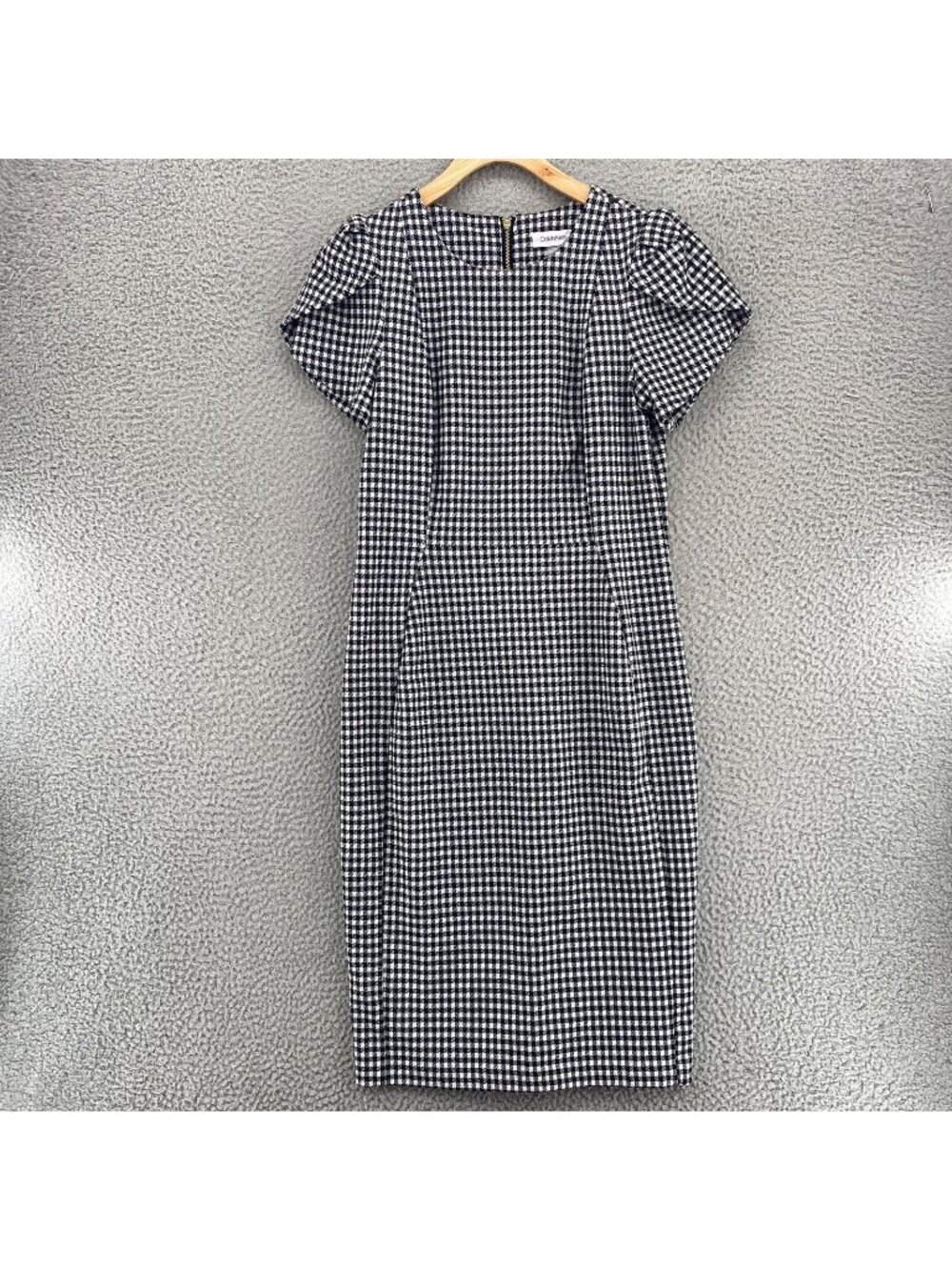 Calvin Klein Dress Womens 8 Black White Gingham Sheath Tulip Short Sleeve Career